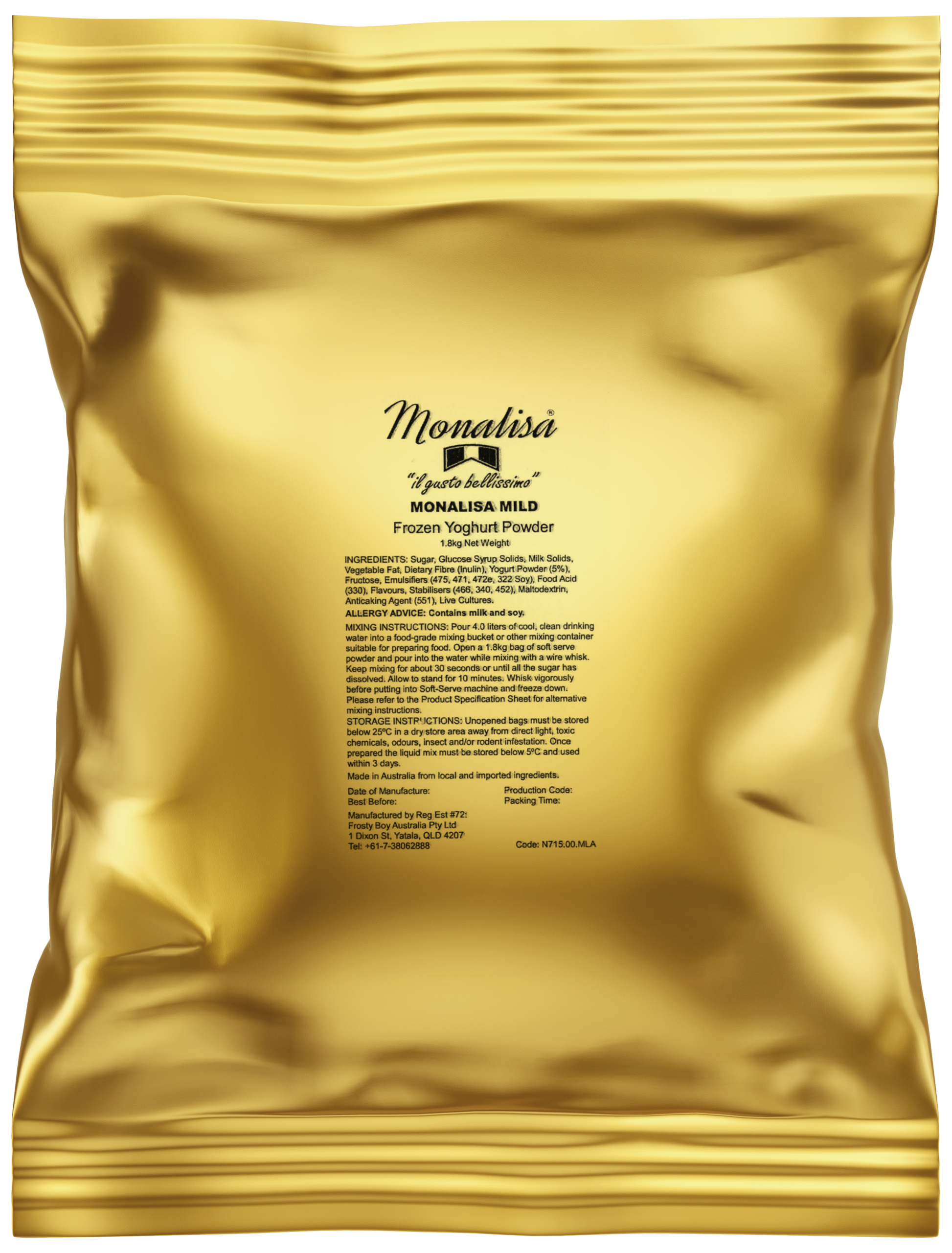 7 × 1.8 kg carton of Monalisa Mild Frozen Yoghurt Powder
