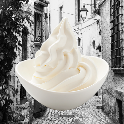 Bowl of soft serve ice cream in a black and white street setting