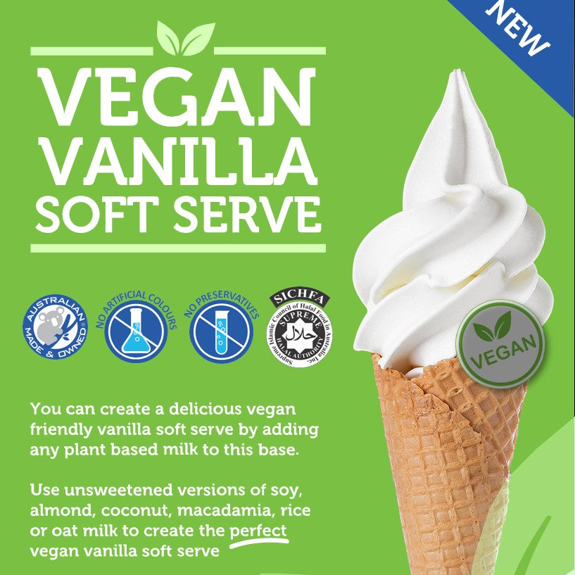 Vegan vanilla soft serve cone made with Monalisa Vegan Vanilla powder