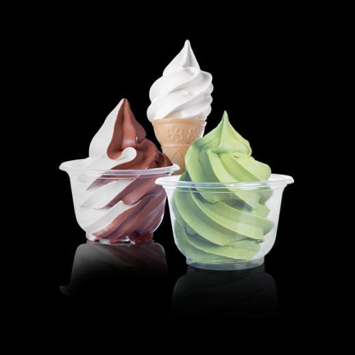 Vanilla soft serve dessert cup made with Monalisa powder