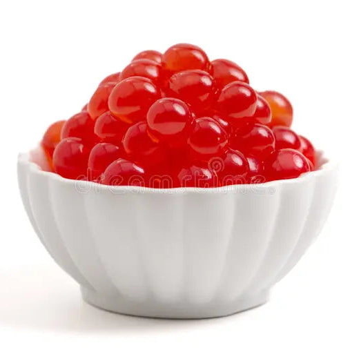Strawberry popping boba used in a dessert bowl
